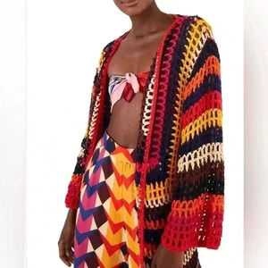 FARM Rio Rainbow Crochet Open Front Cardigan Knit Sweater Chunky S Small $248
